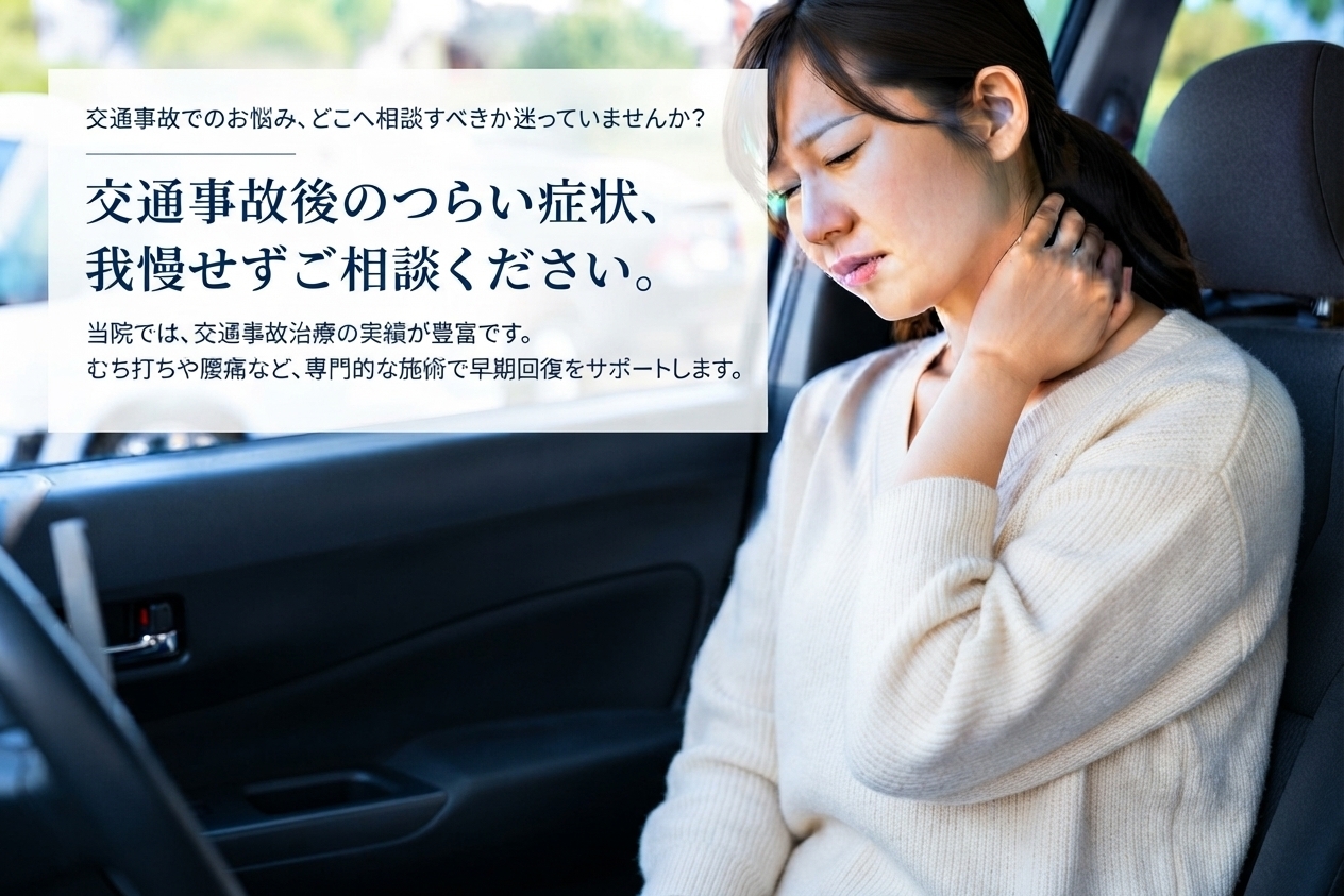 交通事故後のつらい症状、我慢せずご相談ください。むち打ちや腰痛など、交通事故によるケガの施術で早期回復をサポートします。